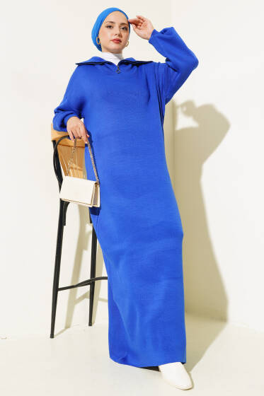 Yarım Fermuarlı Düz Triko Elbise Saks - Elbise