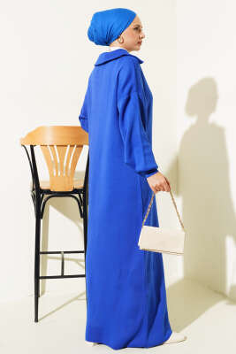 Yarım Fermuarlı Düz Triko Elbise Saks - Tesettür Elbise