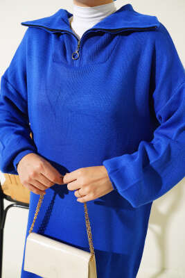 Yarım Fermuarlı Düz Triko Elbise Saks - Tesettür Elbise