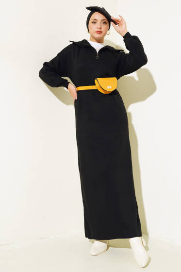 Yarım Fermuarlı Düz Triko Elbise Siyah - Elbise