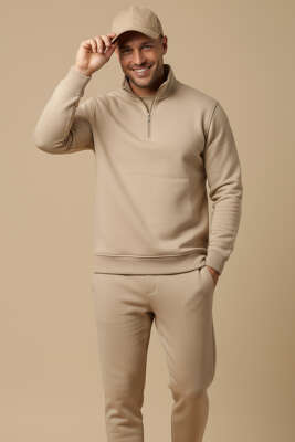 Yarım Fermuarlı Erkek Sweatshirt bej 