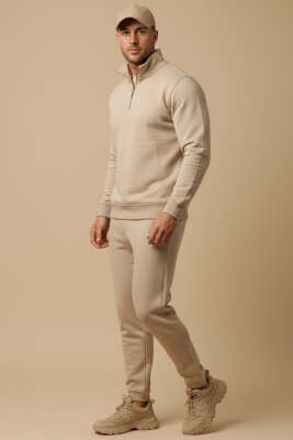 Yarım Fermuarlı Erkek Sweatshirt bej - Erkek Sweatshirt