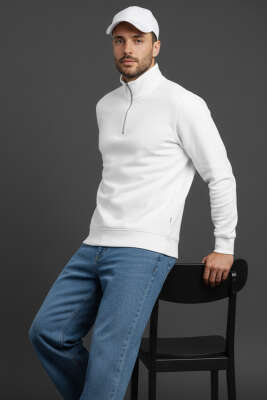 Yarım Fermuarlı Erkek Sweatshirt Ekru 