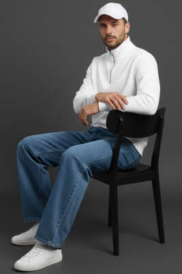 Yarım Fermuarlı Erkek Sweatshirt Ekru - Erkek Sweatshirt