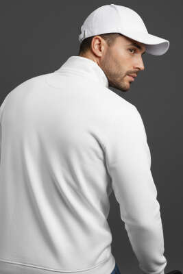 Yarım Fermuarlı Erkek Sweatshirt Ekru - Erkek Sweatshirt