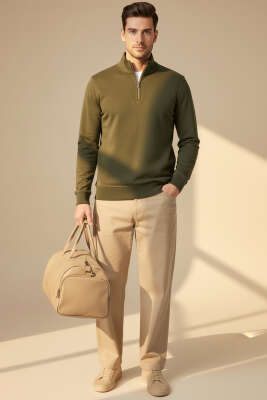 Yarım Fermuarlı Erkek Sweatshirt Haki - Erkek Sweatshirt
