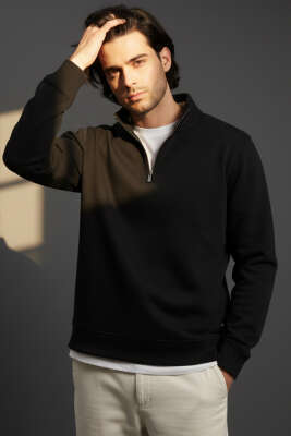 Yarım Fermuarlı Erkek Sweatshirt Siyah 