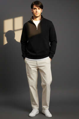 Yarım Fermuarlı Erkek Sweatshirt Siyah - Erkek Sweatshirt