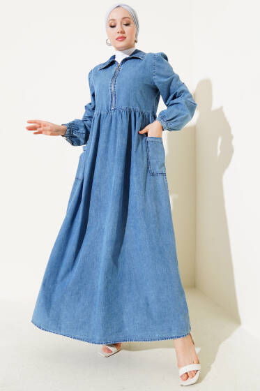 Yarım Fermuarlı Etek Cepli Kot Elbise Kot - Tesettür Elbise