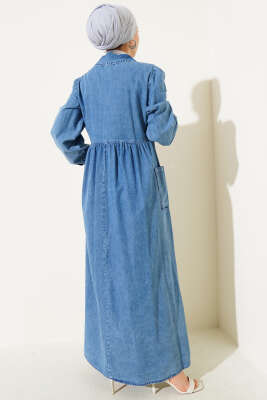 Yarım Fermuarlı Etek Cepli Kot Elbise Kot - Tesettür Elbise