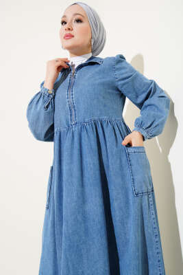 Yarım Fermuarlı Etek Cepli Kot Elbise Kot - Tesettür Elbise