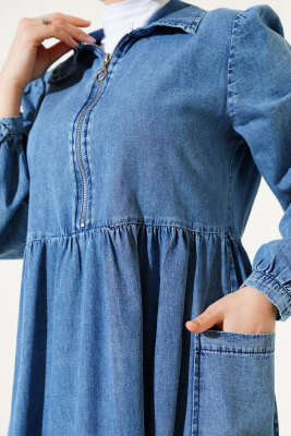 Yarım Fermuarlı Etek Cepli Kot Elbise Kot - Tesettür Elbise