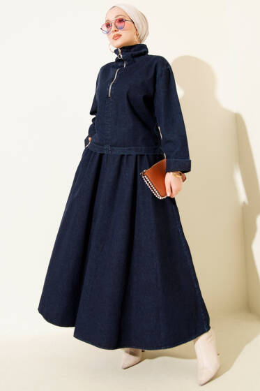 Yarım Fermuarlı Etekli Kot İkili Takım Lacivert - İkili Takım