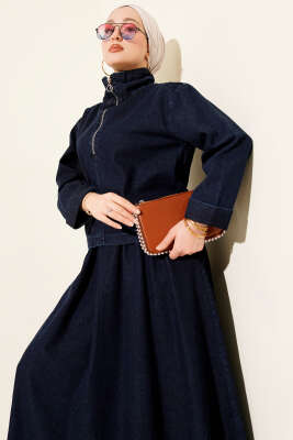 Yarım Fermuarlı Etekli Kot İkili Takım Lacivert - İkili Takım