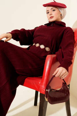 Yarım Fermuarlı Fitili Triko Elbise Bordo - Elbise