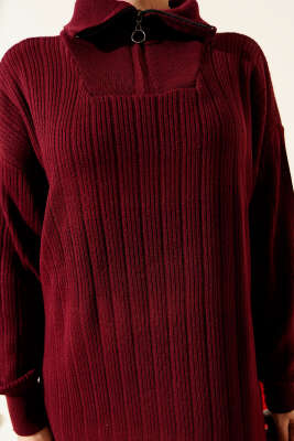 Yarım Fermuarlı Fitili Triko Elbise Bordo - Elbise