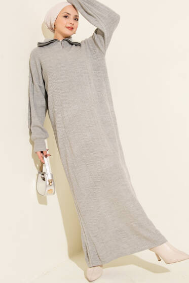 Yarım Fermuarlı Fitili Triko Elbise Gri - Elbise