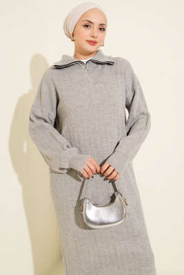 Yarım Fermuarlı Fitili Triko Elbise Gri - Elbise