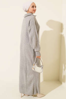 Yarım Fermuarlı Fitili Triko Elbise Gri - Elbise