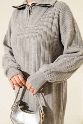 Yarım Fermuarlı Fitili Triko Elbise Gri - Elbise