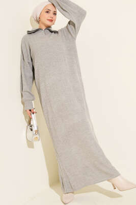 Yarım Fermuarlı Fitili Triko Elbise Gri 