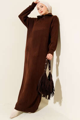 Yarım Fermuarlı Fitili Triko Elbise Kahve - KILIÇ TRİKO