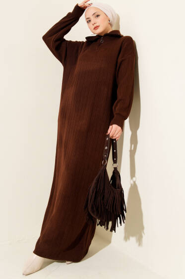 Yarım Fermuarlı Fitili Triko Elbise Kahve - Elbise