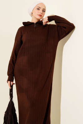 Yarım Fermuarlı Fitili Triko Elbise Kahve - Elbise