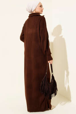 Yarım Fermuarlı Fitili Triko Elbise Kahve - Elbise