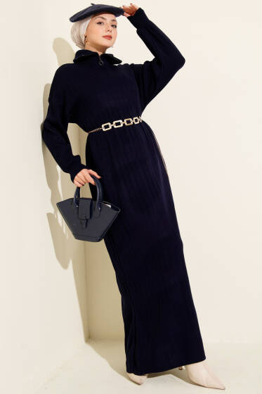 Yarım Fermuarlı Fitili Triko Elbise Lacivert - Elbise