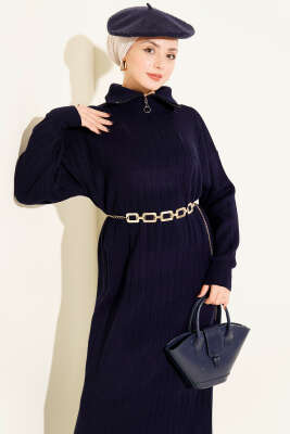 Yarım Fermuarlı Fitili Triko Elbise Lacivert - Elbise