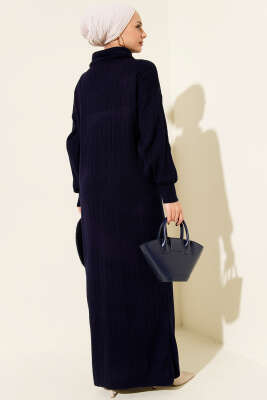 Yarım Fermuarlı Fitili Triko Elbise Lacivert - Elbise