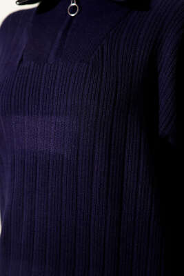 Yarım Fermuarlı Fitili Triko Elbise Lacivert - Elbise