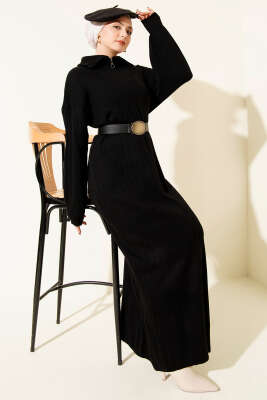 Yarım Fermuarlı Fitili Triko Elbise Siyah - KILIÇ TRİKO