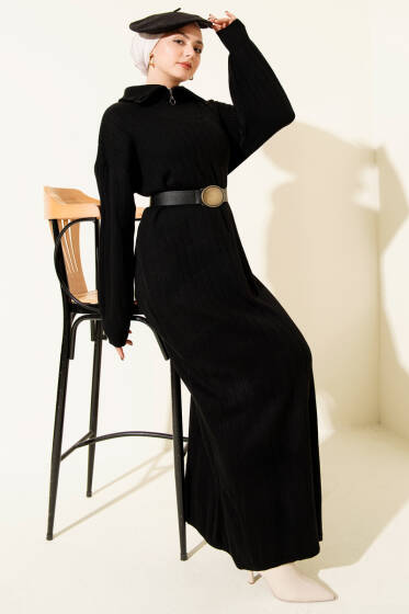 Yarım Fermuarlı Fitili Triko Elbise Siyah - Elbise