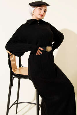 Yarım Fermuarlı Fitili Triko Elbise Siyah - Elbise