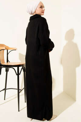 Yarım Fermuarlı Fitili Triko Elbise Siyah - Elbise