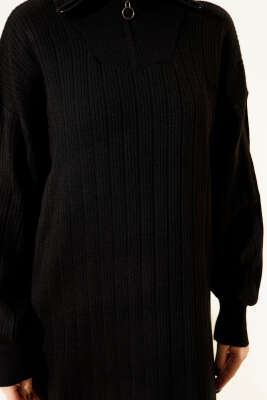 Yarım Fermuarlı Fitili Triko Elbise Siyah - Elbise