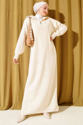 Yarım Fermuarlı Fitili Triko Elbise Taş - KILIÇ TRİKO