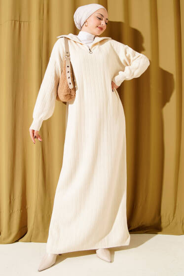 Yarım Fermuarlı Fitili Triko Elbise Taş - Elbise