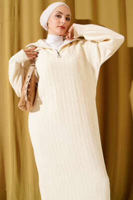 Yarım Fermuarlı Fitili Triko Elbise Taş - Elbise