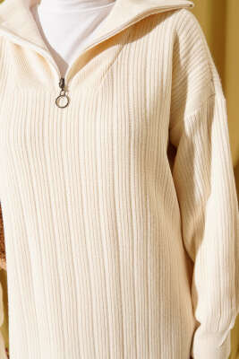 Yarım Fermuarlı Fitili Triko Elbise Taş - Elbise