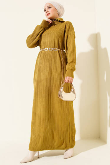 Yarım Fermuarlı Fitili Triko Elbise Yağ Yeşili - Elbise