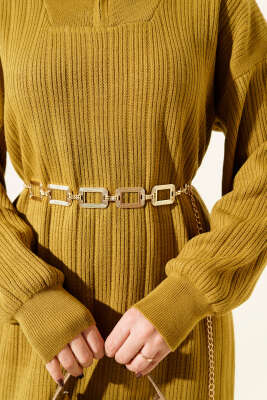 Yarım Fermuarlı Fitili Triko Elbise Yağ Yeşili - Elbise