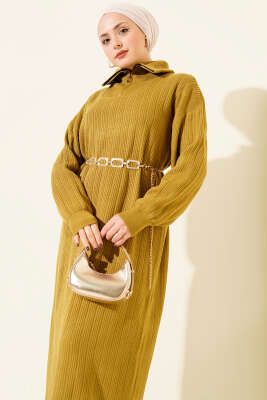 Yarım Fermuarlı Fitili Triko Elbise Yağ Yeşili - Yılın Fırsatı