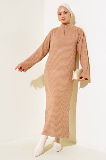 Yarım Fermuarlı Fitilli Triko Elbise Camel - Triko