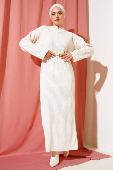 Yarım Fermuarlı Fitilli Triko Elbise Ekru - Triko