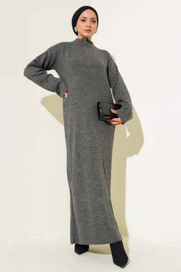 Yarım Fermuarlı Fitilli Triko Elbise Gri - Triko