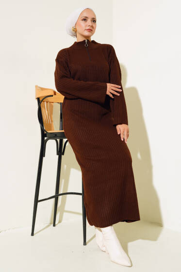 Yarım Fermuarlı Fitilli Triko Elbise Kahve - Triko