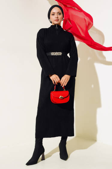 Yarım Fermuarlı Fitilli Triko Elbise Siyah - Triko